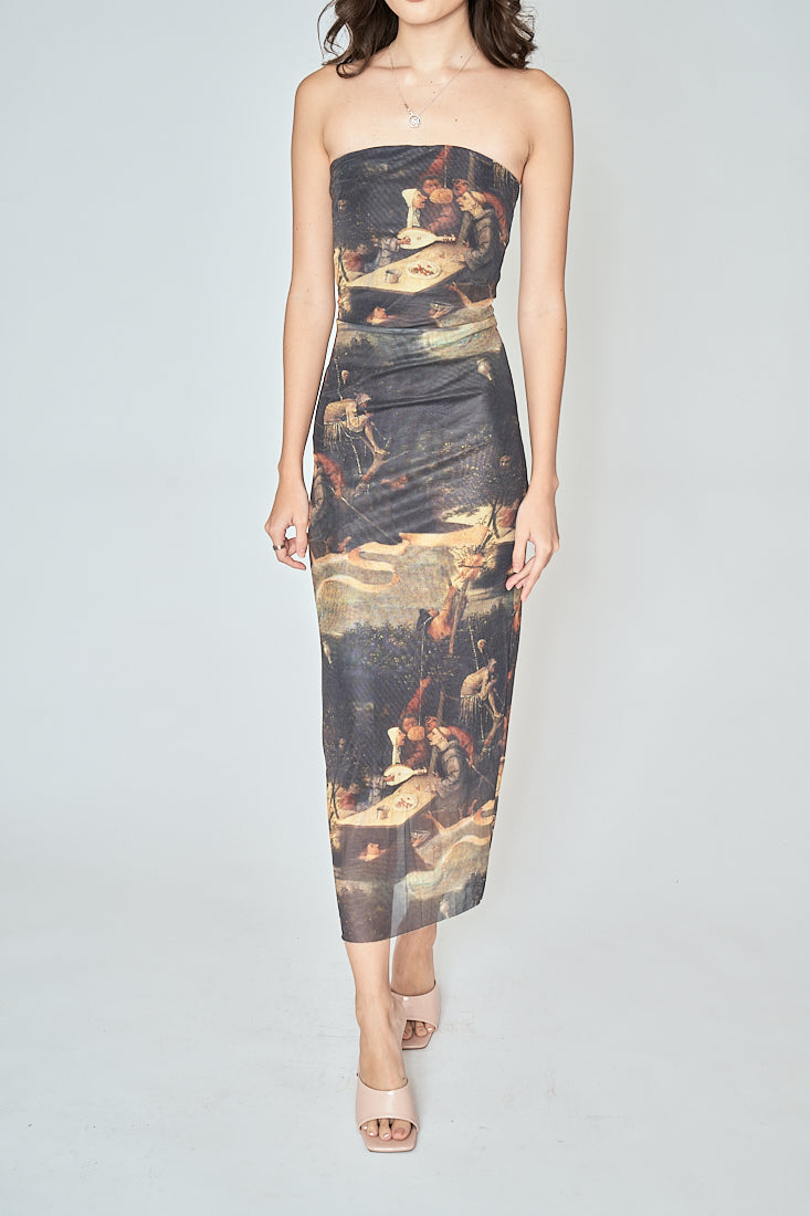 Mori Multicolor Print Straight Cut Tube Midi Dress