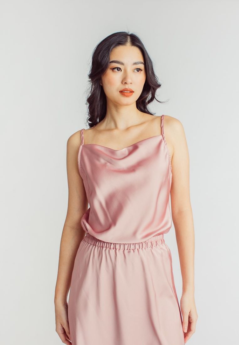 Chu Pink Silk Cowl Neck Sleeveless Basic Cami Top