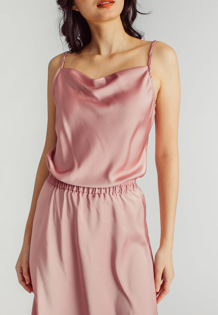 Chu Pink Silk Cowl Neck Sleeveless Basic Cami Top