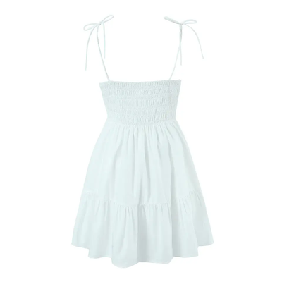 Kala White V Neck Sleeveless Self Tie Strap Smocked Tiered Mini Dress