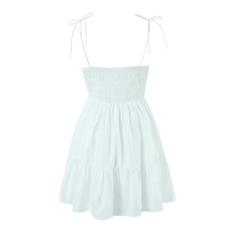 Kala White V Neck Sleeveless Self Tie Strap Smocked Tiered Mini Dress