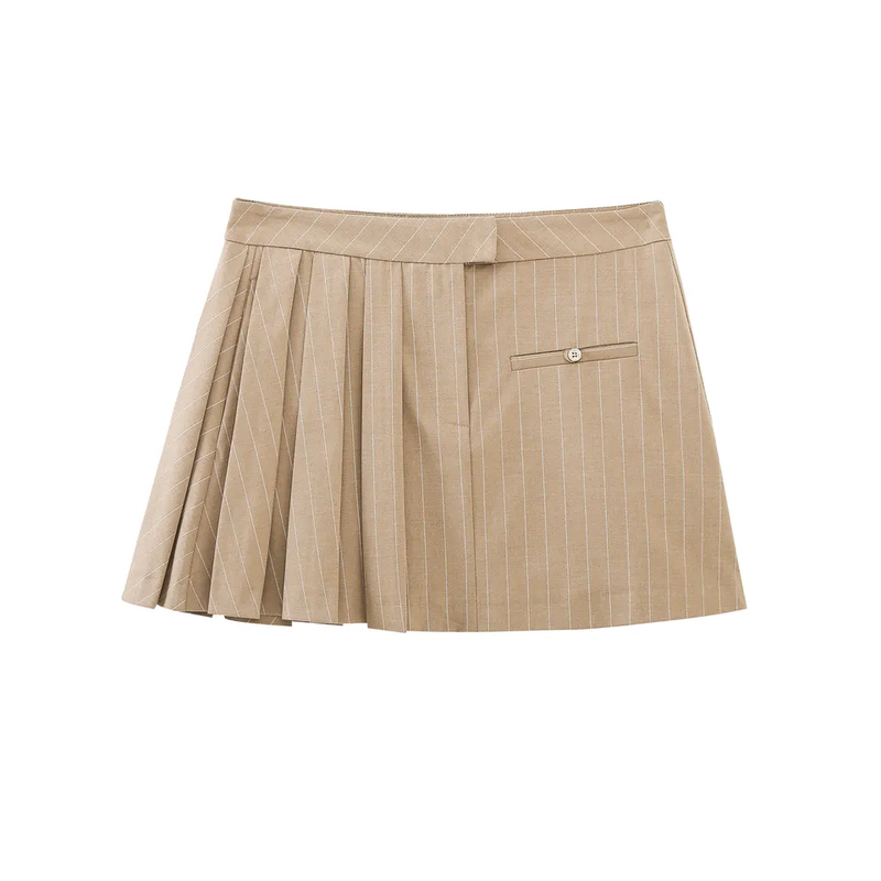 Daison Khaki Stripes Side Pleated Mini Skirt