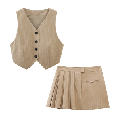 Daison Khaki Stripes Side Pleated Mini Skirt