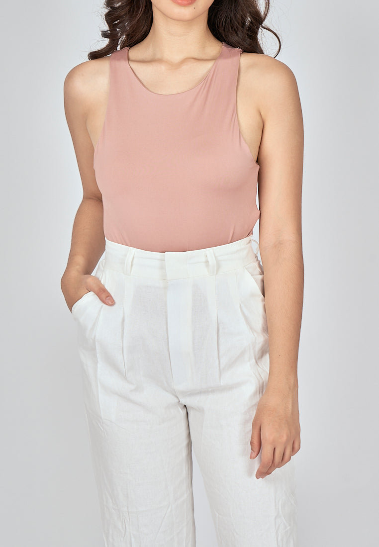 Barba Rose Taupe Round Neck Sleeveless Bodysuit