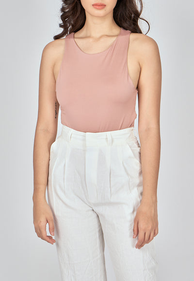 Barba Rose Taupe Round Neck Sleeveless Bodysuit