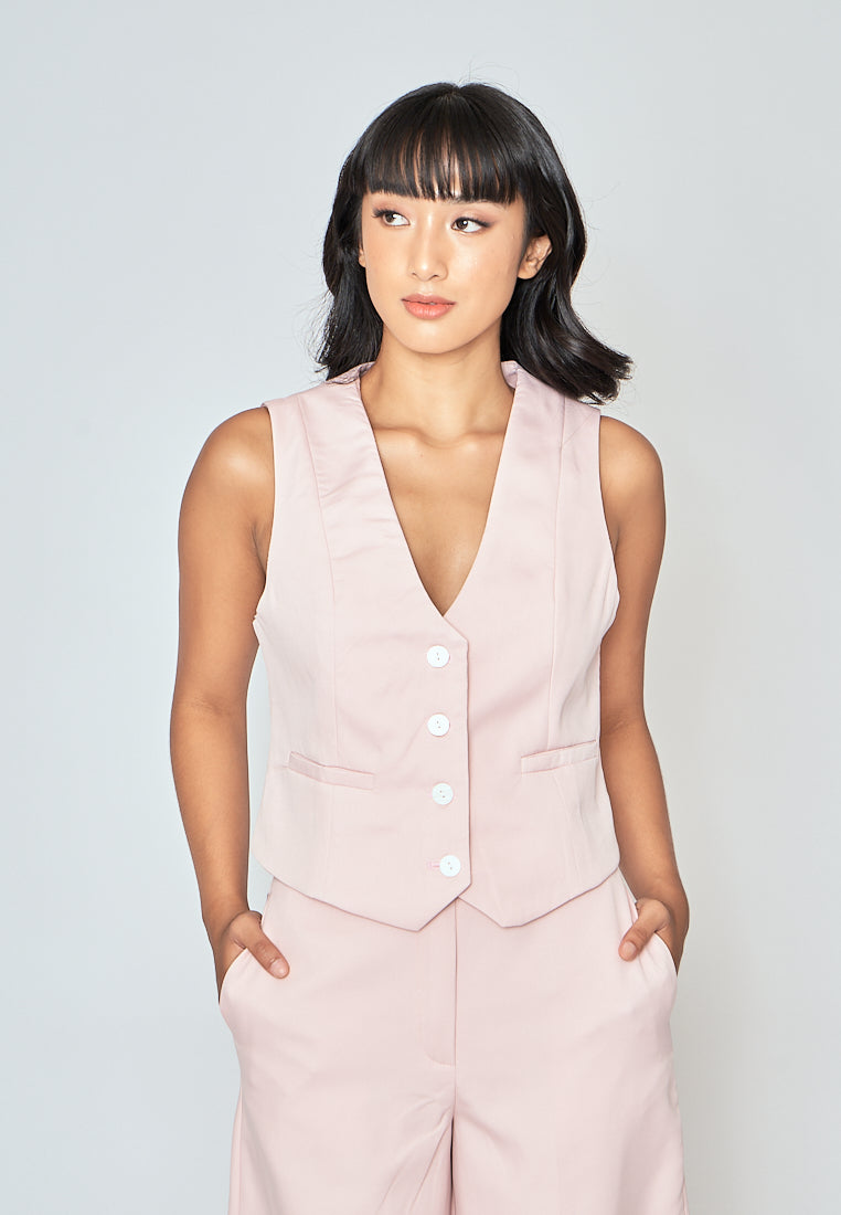 Jada Blush Pink V Neck Waistcoat Button Sleeveless Vest Top