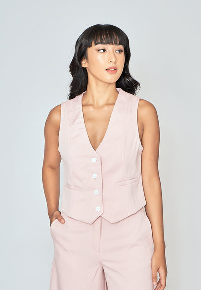 Jada Blush Pink V Neck Waistcoat Button Sleeveless Vest Top