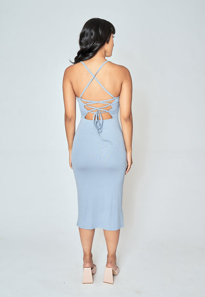 Moreen Blue Sleeveless Criss Cross Back Front Slit Bodycon Midi Dress