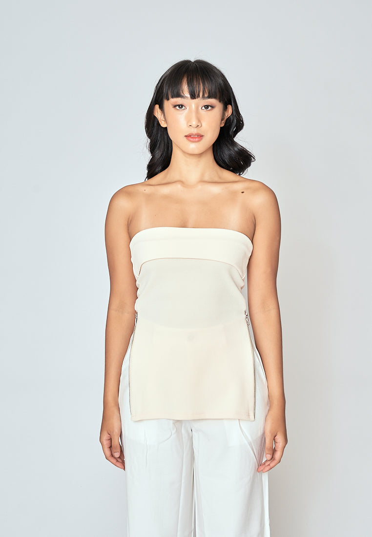 Azra Cream Folded Neckline Side Zippers Sleeveless Tube Top