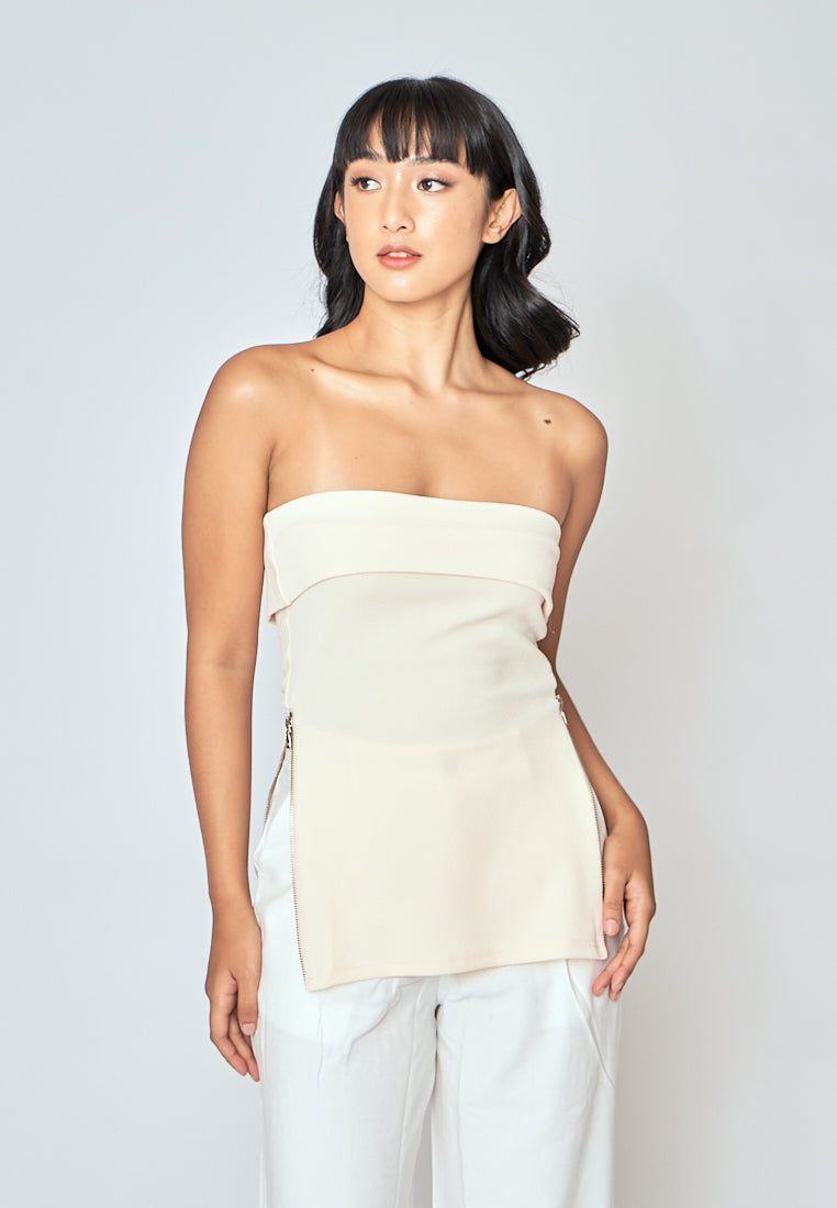 Azra Cream Folded Neckline Side Zippers Sleeveless Tube Top