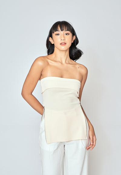 Azra Cream Folded Neckline Side Zippers Sleeveless Tube Top