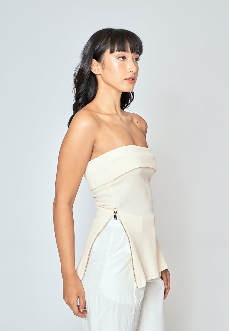 Azra Cream Folded Neckline Side Zippers Sleeveless Tube Top