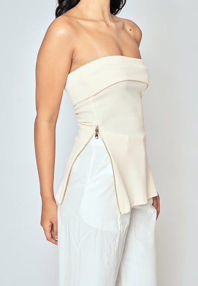 Azra Cream Folded Neckline Side Zippers Sleeveless Tube Top