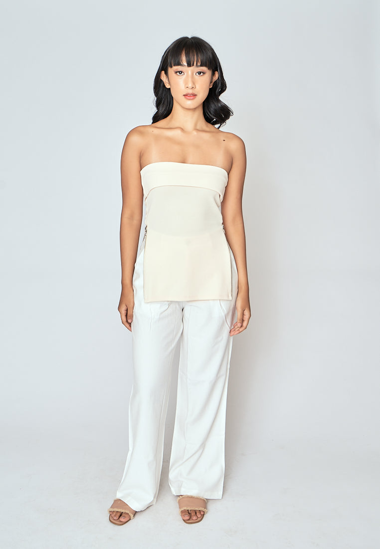 Azra Cream Folded Neckline Side Zippers Sleeveless Tube Top