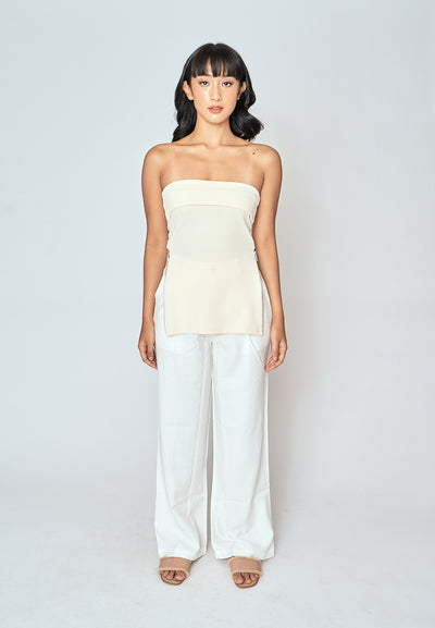 Azra Cream Folded Neckline Side Zippers Sleeveless Tube Top