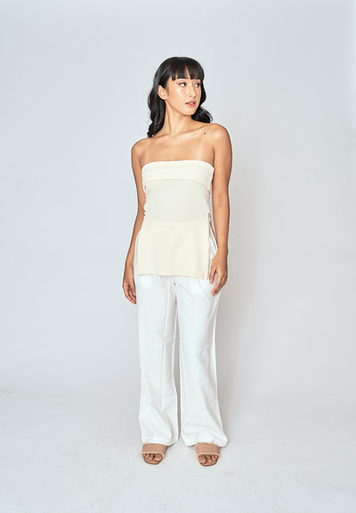 Azra Cream Folded Neckline Side Zippers Sleeveless Tube Top