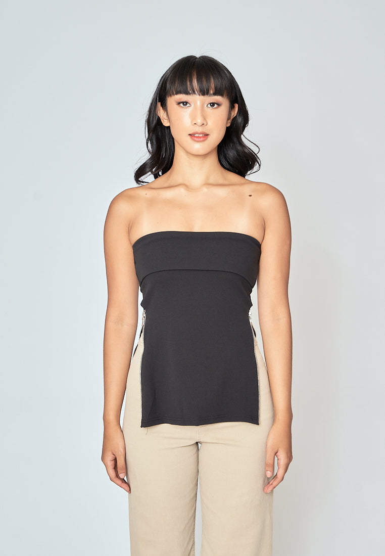 Azra Black Folded Neckline Side Zippers Sleeveless Tube Top