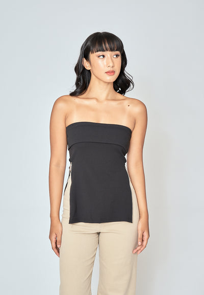 Azra Black Folded Neckline Side Zippers Sleeveless Tube Top