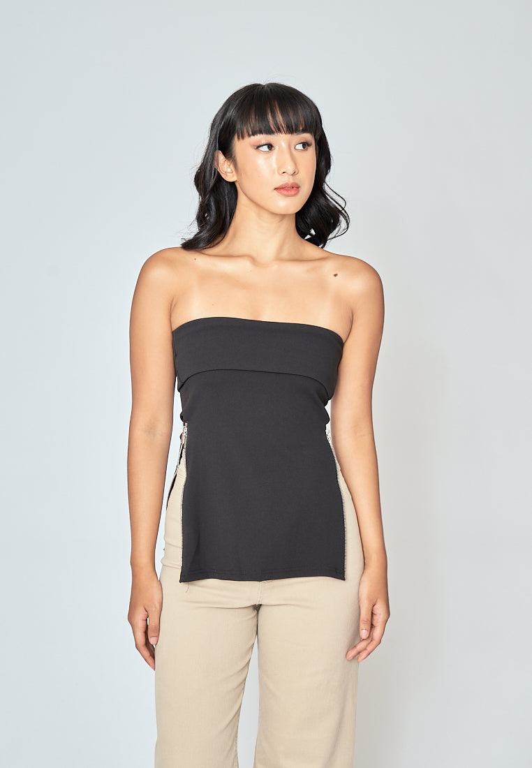 Azra Black Folded Neckline Side Zippers Sleeveless Tube Top