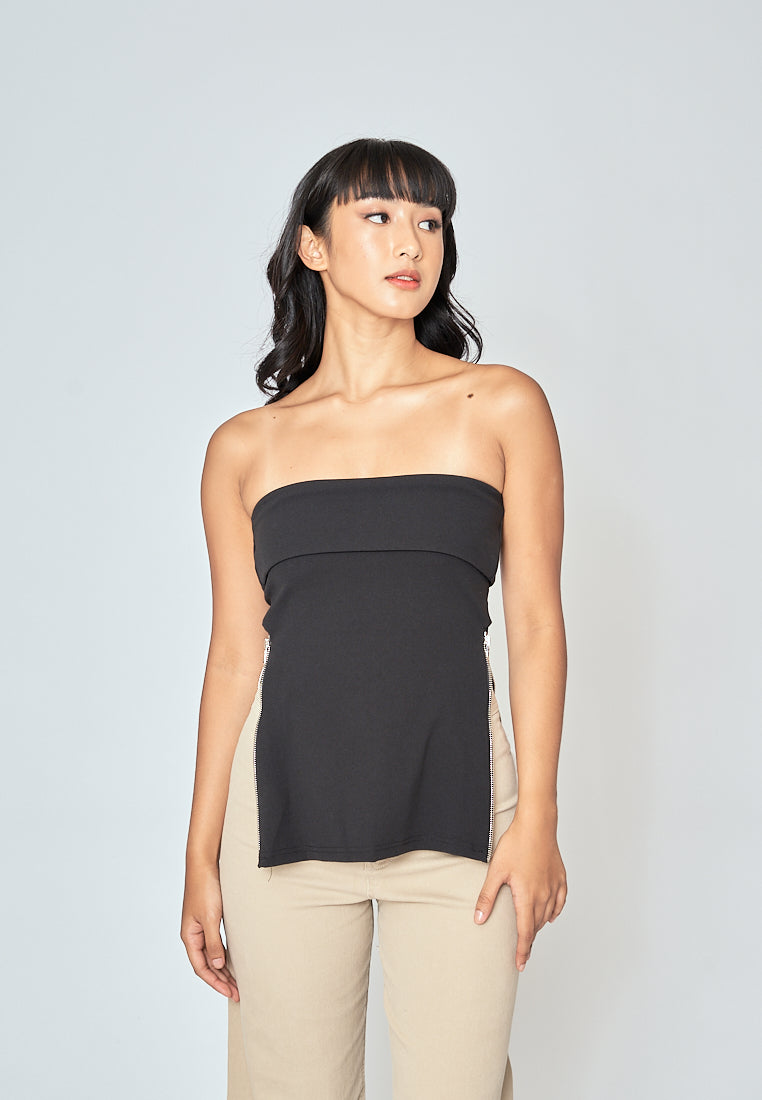 Azra Black Folded Neckline Side Zippers Sleeveless Tube Top