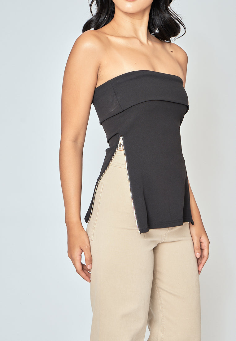 Azra Black Folded Neckline Side Zippers Sleeveless Tube Top