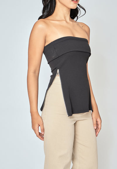 Azra Black Folded Neckline Side Zippers Sleeveless Tube Top