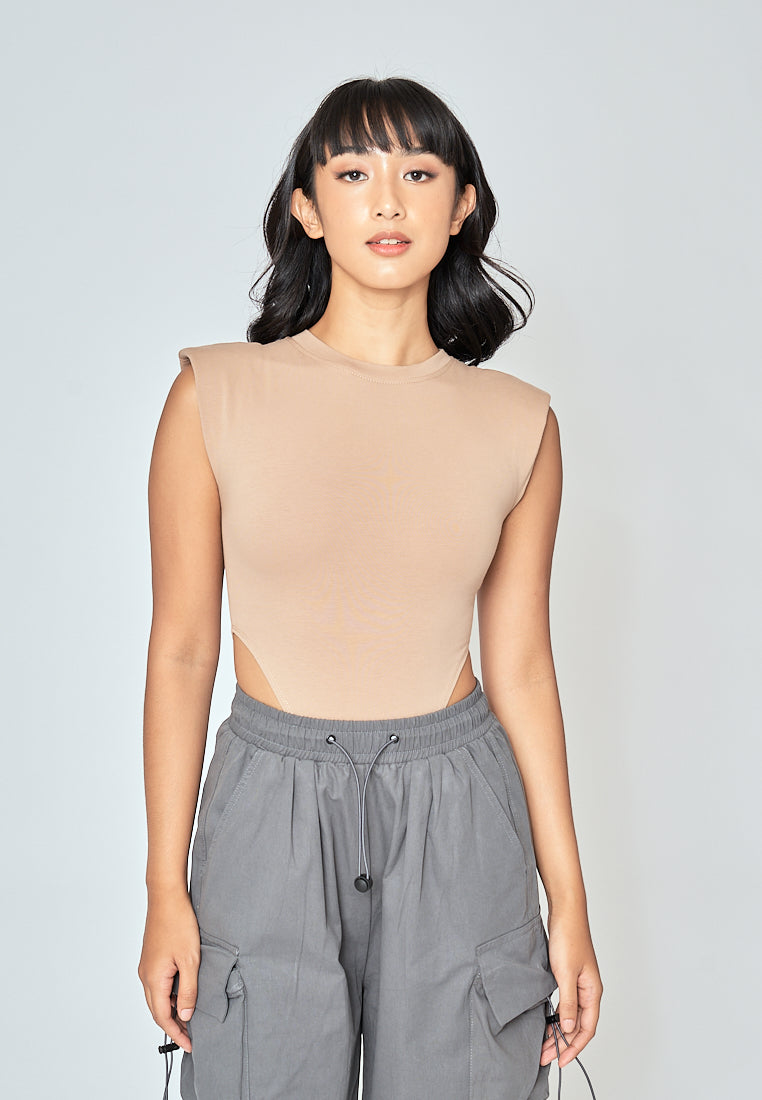 Gaea Khaki Crew Neck Sleeveless Bodysuit