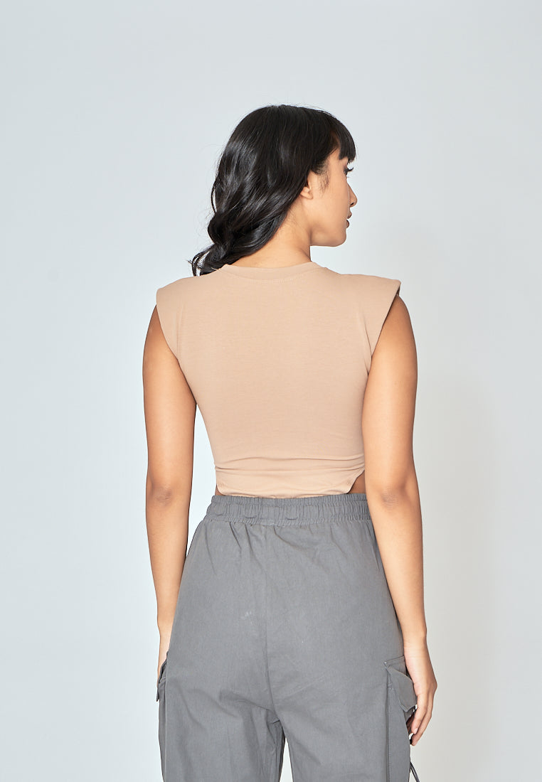 Gaea Khaki Crew Neck Sleeveless Bodysuit