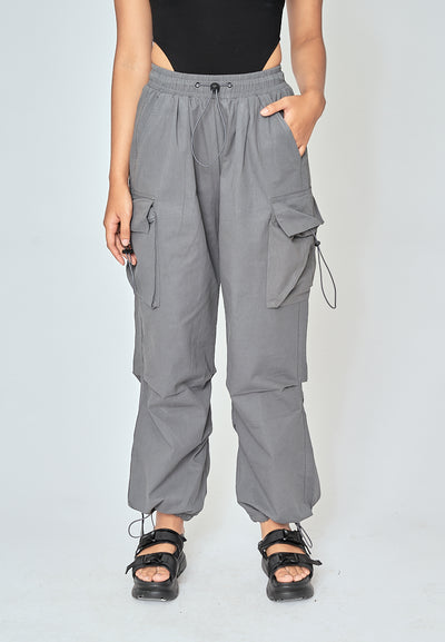 Zarrick Gray Drawstring Elastic Waist Folded Side with Extra Pockets Cargo Pants