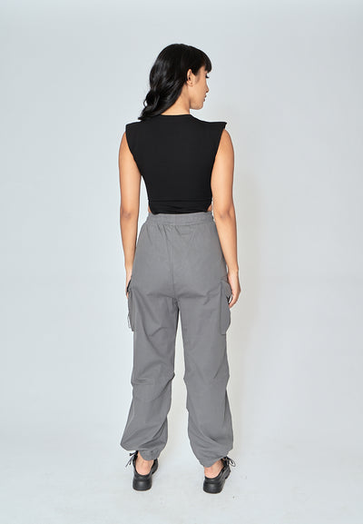 Zarrick Gray Drawstring Elastic Waist Folded Side with Extra Pockets Cargo Pants
