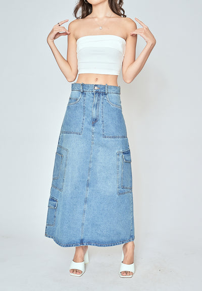 Ylena Blue Denim Zipper Fly Multi-Pockets Cargo Midi Skirt