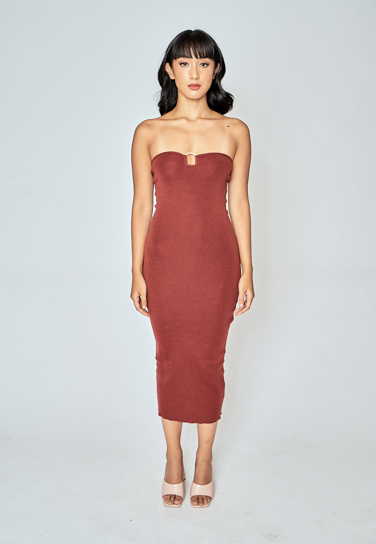 Anissa Brown Knitted Sweetheart Neckline Sleeveless Bodycon Midi Dress