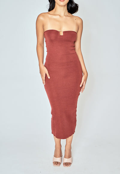 Anissa Brown Knitted Sweetheart Neckline Sleeveless Bodycon Midi Dress