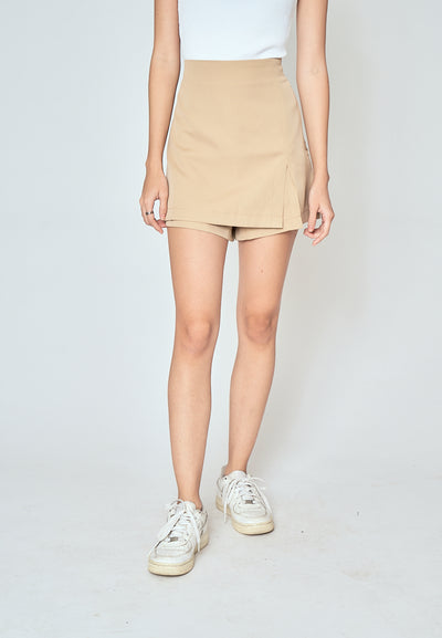 Zack Khaki Zipper Fly Side Slit Casual Mini Skort