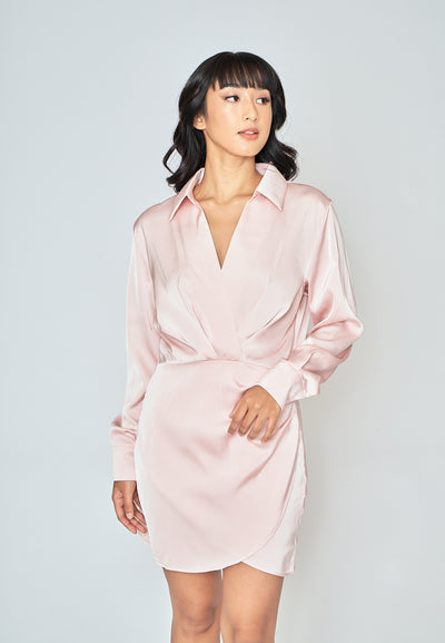 Aylin Blush Pink Turn Down Collar V Neck Overlap Long Sleeves Ruched Side Mini Dress