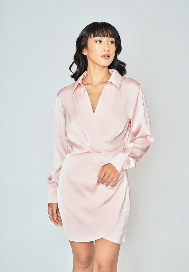 Aylin Blush Pink Turn Down Collar V Neck Overlap Long Sleeves Ruched Side Mini Dress