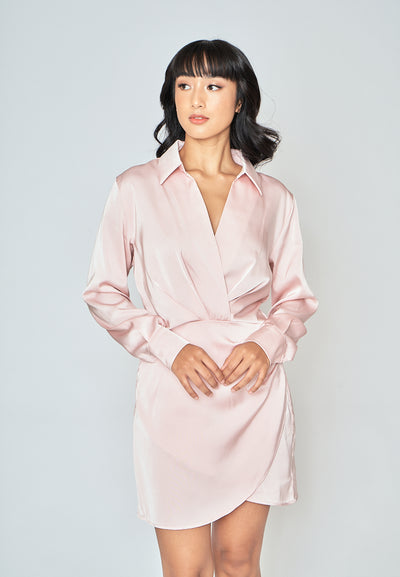 Aylin Blush Pink Turn Down Collar V Neck Overlap Long Sleeves Ruched Side Mini Dress