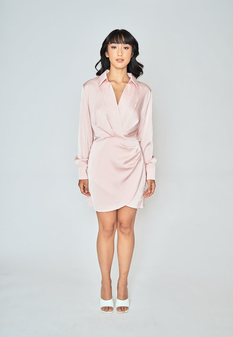 Aylin Blush Pink Turn Down Collar V Neck Overlap Long Sleeves Ruched Side Mini Dress