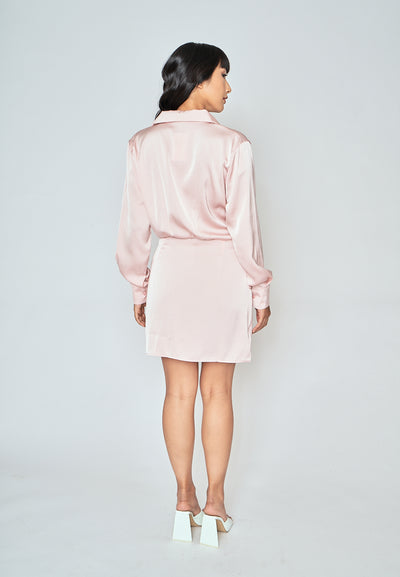 Aylin Blush Pink Turn Down Collar V Neck Overlap Long Sleeves Ruched Side Mini Dress