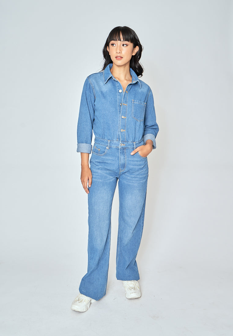 Aldridge Blue Denim Buttons Up Turn Down Collar Long Sleeves Jumpsuit with Pockets