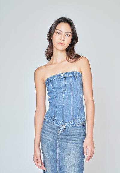 Kaela Blue Denim Smocked Back with Zipper Tube Top