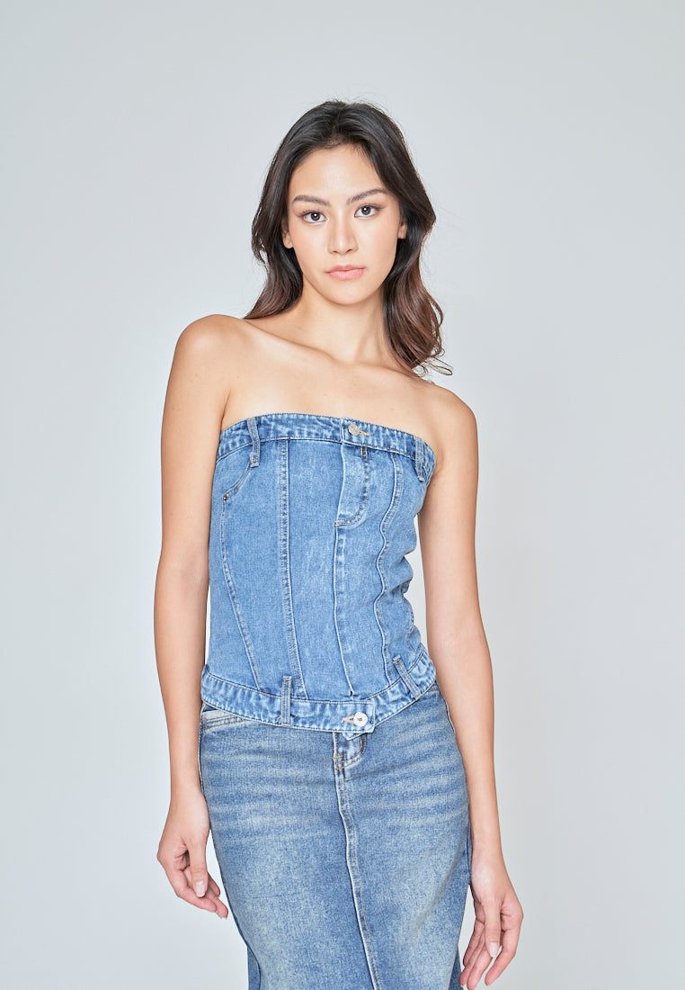 Kaela Blue Denim Smocked Back with Zipper Tube Top