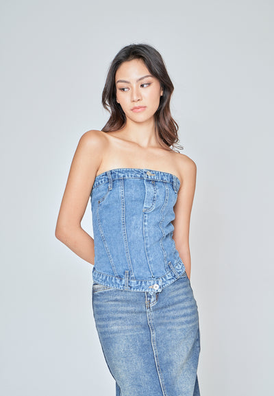 Kaela Blue Denim Smocked Back with Zipper Tube Top