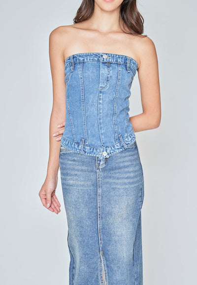 Kaela Blue Denim Smocked Back with Zipper Tube Top