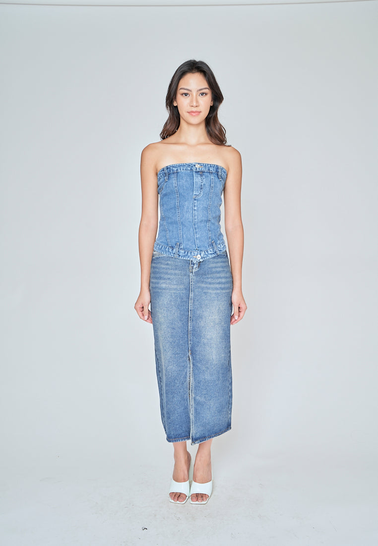 Kaela Blue Denim Smocked Back with Zipper Tube Top