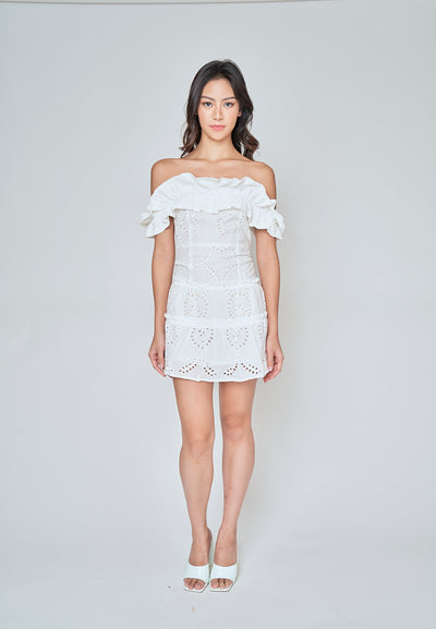 Ataliah White Eyelet Ruffle Off Shoulder Mini Dress