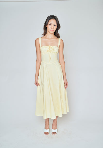 Einnafel Yellow Ruch Tie Bust Sleeveless Side Slit Midi Dress