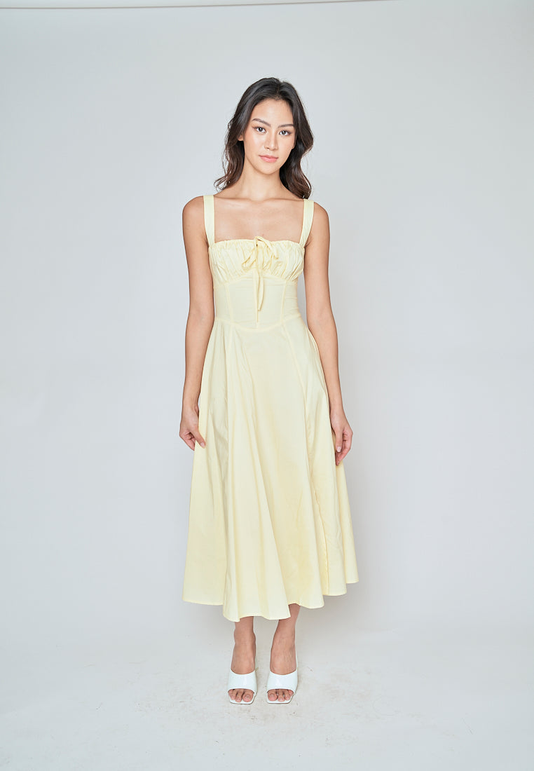 Einnafel Yellow Ruch Tie Bust Sleeveless Side Slit Midi Dress