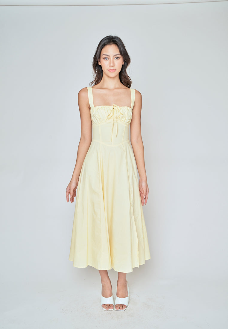 Einnafel Yellow Ruch Tie Bust Sleeveless Side Slit Midi Dress