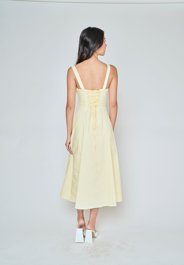 Einnafel Yellow Ruch Tie Bust Sleeveless Side Slit Midi Dress